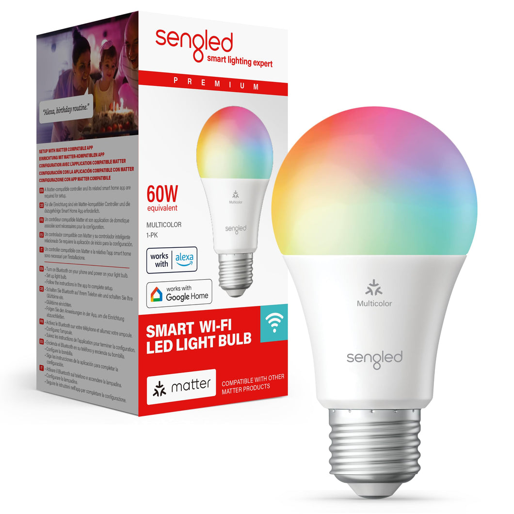 Lampadina LED smart Sengled (E27), abilitata per Matter i Alexa, multicolore, equivalente a 60 W, 800 LM, abbinamento istantaneo, compatibile con Matter richiesta, 2,4 GHz, Wi-Fi, confezione da 1