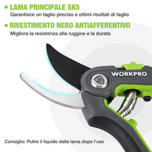 Carica l'immagine nel visualizzatore di Gallery, WORKPRO Bypass Forbici Cesoie da Potatura 210mm, Forbici professionali con lama SK5 per rami freschi, strumento da giard