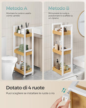 Carica l'immagine nel visualizzatore di Gallery, SONGMICS Carrellino Salvaspazio, Carrello Bagno, Mobiletto Bagno Stretto a 3 Ripiani con Ruote, Bambù, 20 x 30 x 80 cm, Bianco e Naturale BCB083N02