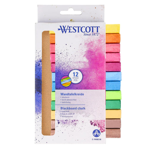 Westcott gesso 12 pezzi colorati | confezione da 12 gessetti per lavagna da 1,2 cm ⌀ in colori vivaci | poco polverosi e facili da pulire | bastoncini lunghi 8,5 cm | E-744983 00