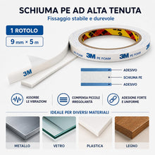 Carica l'immagine nel visualizzatore di Gallery, 3M Nastro Biadesivo 1600T Extra Forte in Schiuma PE 9 mm x 5 m | 1 Rotolo | Nastro di Montaggio Impermeabile per Interni