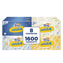 Carica l'immagine nel visualizzatore di Gallery, Foxy Mega | Fazzoletti in scatola | 8 Box da 200 fazzoletti 2 veli | 4 colori assortiti | Carta 100% certificata FSC® | 