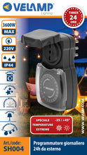 Carica l'immagine nel visualizzatore di Gallery, Velamp Presa Temporizzata - Programmatore timer giornaliero - Per esterni impermeabile IP44- Spina grande 16 A e Presa b