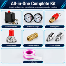 Carica l'immagine nel visualizzatore di Gallery, Pressostato per Compressore Aria 220V, Kit Accessori per Compressore con Regolatore di Pressione Aria, 2 Manometri, Racc