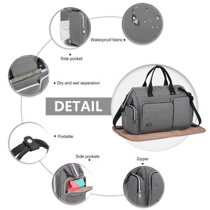 KONO Borsa per pannolini per mamma e papà, grande borsa da viaggio con fasciatoio, grigio., Rétro