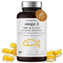 Carica l'immagine nel visualizzatore di Gallery, Omega 3 Olio di Pesce da 2000 mg | 200 Capsule Softgel | 600 mg omega - 3 Puro + Vitamina E | Cuore, Vista, Funzione Cer