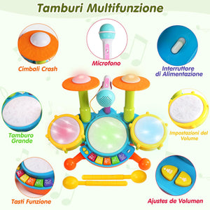 Tamburo Giochi Bambini 1 Anno - Strumenti Musicali Giocattoli Bambino 1 2 Anno Batteria Bambini Elettronico con Filastrocche Neonati Idea Natale Regalo Gioco Bambino Bimba 1 2 Anno Anni