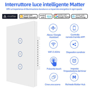 UseeLink Interruttore luce intelligente Matter, interruttore intelligente, interruttore luce Alexa, funziona con Alexa, Apple Home, Google Home e SmartThingss, Richiede Matter Hub (3 Gang)