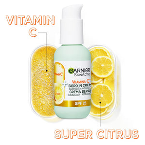 Garnier Siero in Crema Vitamina C SkinActive, 2 in 1 Siero Vitamina C e Crema Idratante SPF25, Anti-Macchie e Illuminante, Non unge, Adatto a Tutti i Tipi di Pelle, 50 ml