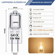 Carica l'immagine nel visualizzatore di Gallery, Caldarax 12 Pezzi Lampadina Alogena G4 20W 12V Dimmerabile, 280LM, Bianco Caldo 2700K, Lampadine G4 Alogene Bi-Pin Base 