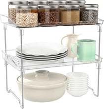 Carica l'immagine nel visualizzatore di Gallery, Euqvunn 2 Confezioni Ripiano Salvaspazio Cucina, Pieghevole Alzatina Cucina, Impilabile Mensole Trasparenti Organizer Cucina per Armadi, Credenze, Dispensa, Piano di Lavoro