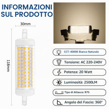 Carica l'immagine nel visualizzatore di Gallery, Akynite R7S 118mm LED 20W Dimmerabile Luce Naturale 4000K 2500LM, Equivalente a Lampadina Alogena 150W-200W, AC 220-240V