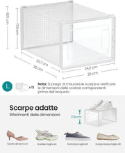 Carica l'immagine nel visualizzatore di Gallery, SONGMICS Scatole per Scarpe, Contenitori per Scarpe, Organizzatori Portascarpe Pieghevoli e Impilabili, Fino alla Taglia 47, Set di 12, Trasparente e Bianco Nuvola LSP12MWT