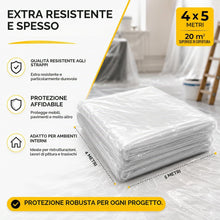Carica l'immagine nel visualizzatore di Gallery, 6x Teli Copritutto 4x5m – 120m² Totali – Telo Protettivo Extra Resistente e Trasparente per Pittura, Ristrutturazioni e 