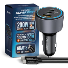 Carica l'immagine nel visualizzatore di Gallery, PORTENTUM Caricatore Auto Triplo e Simultaneo 200W – Include Cavo da 100W USB-C – Carica Batteria per Auto Cellulare – 2