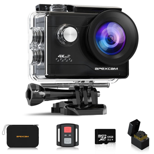 Apexcam 4K Action Cam 20MP Con Scheda di Memoria 64GB WiFi Sports Camera Ultra HD Telecamera subacquea 40M 170 ° Wide Angle 2.4G Telecomando Time Lapse 2x1050mAh Batterie