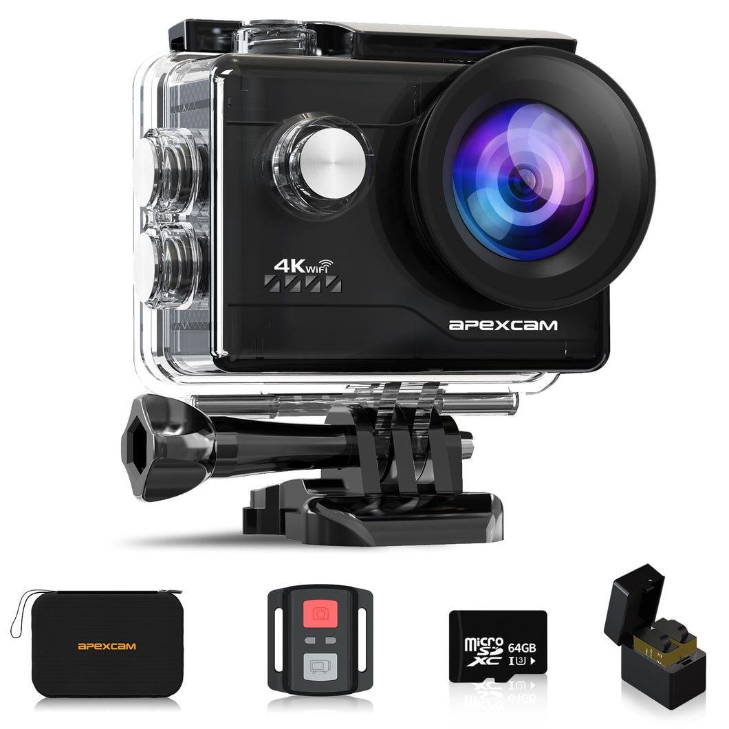 Apexcam 4K Action Cam 20MP Con Scheda di Memoria 64GB WiFi Sports Camera Ultra HD Telecamera subacquea 40M 170 ° Wide Angle 2.4G Telecomando Time Lapse 2x1050mAh Batterie