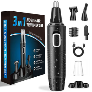 Tagliapeli Naso e Orecchie 3 in 1 Set Ricaricabile via USB, Tagliacapelli Professionale Indolore per Sopracciglia e Viso, Impermeabile, Adatto a Uomini e Donne, Nero