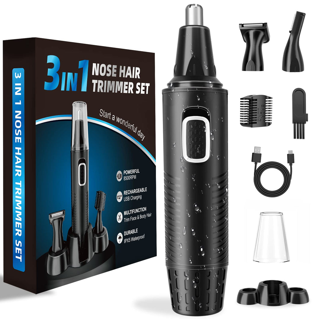 Tagliapeli Naso e Orecchie 3 in 1 Set Ricaricabile via USB, Tagliacapelli Professionale Indolore per Sopracciglia e Viso, Impermeabile, Adatto a Uomini e Donne, Nero