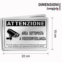 Carica l'immagine nel visualizzatore di Gallery, 2 PEZZI Cartello Area Videosorvegliata in Alluminio Spazzolato 22cm x 15cm Spessore 1mm con Adesivo e 4 Fori| Elegante p