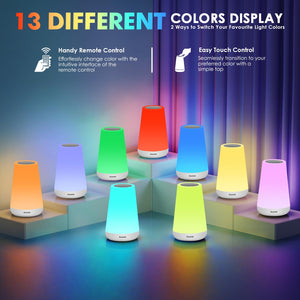 Auxmir Luce Notturna Bambini, Lampada da Comodino, Lampada LED Colorata con 13 Colori, Luminosità Regolabile, 3 Modi d’Illuminazione, Touch e Telecomando, Batteria Ricaricabile, Bianco