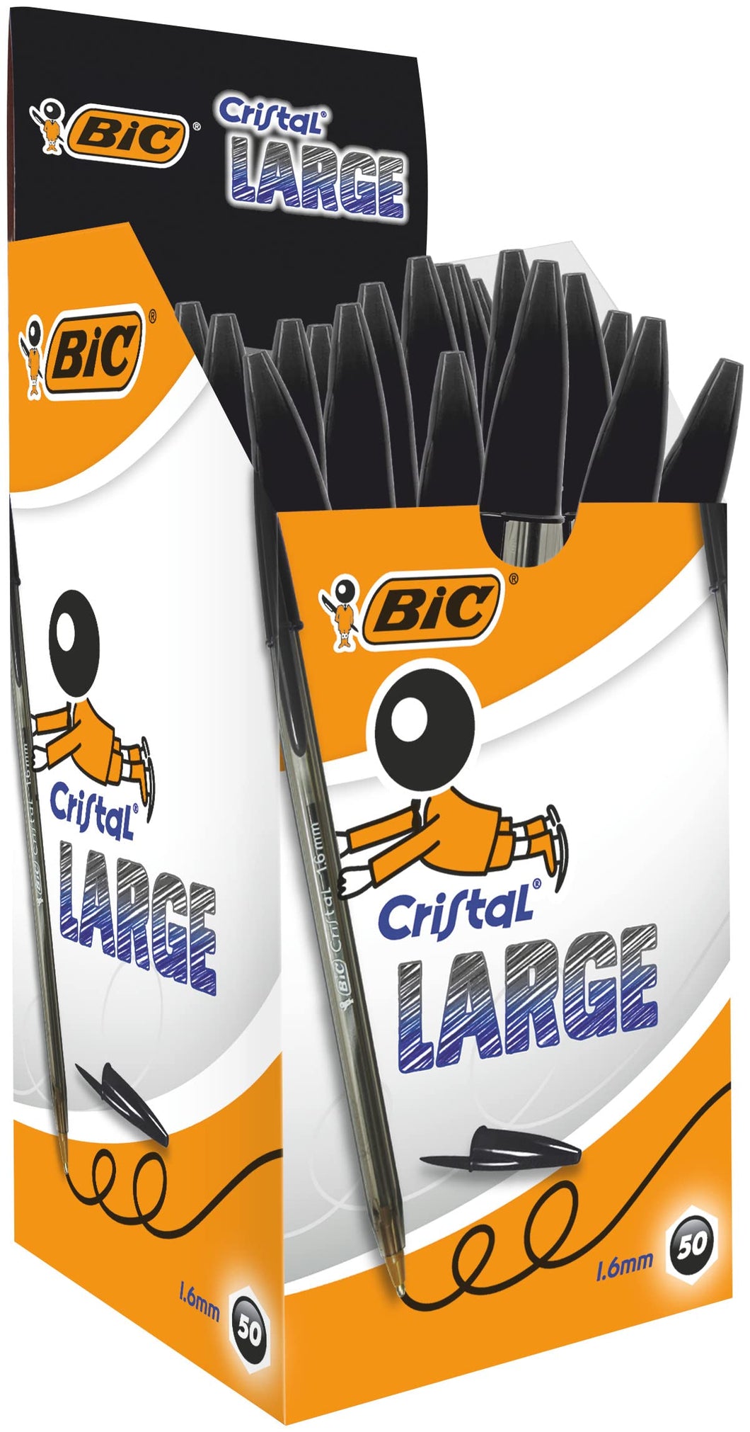 BIC Nere Penne a Sfera, Cristal Large , Ottimi per la Scuola, con Punta Ampia (1.6 mm), Confezione da 50, Fornitura per Scrivere in Ufficio e a Casa