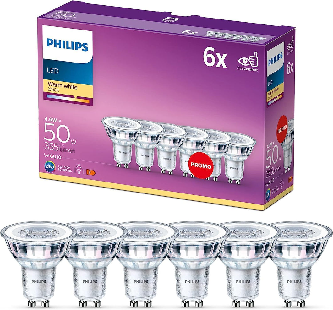 Philips LED, Faretto, 6 pz, equivalente a 50W, attacco GU10, Luce Bianca Calda
