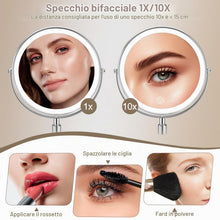 Carica l'immagine nel visualizzatore di Gallery, SURFOU Specchio Trucco con Luci LED 10X/1X, Specchio Ingranditore Bifacciale con 3 Modalità di Illuminazione e Luminosità Regolabile, Altezza Regolabile, Rotazione 360°, per Bagno e Toeletta