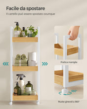 Carica l'immagine nel visualizzatore di Gallery, SONGMICS Carrellino Salvaspazio, Carrello Bagno, Mobiletto Bagno Stretto a 3 Ripiani con Ruote, Bambù, 20 x 30 x 80 cm, Bianco e Naturale BCB083N02