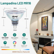 Carica l'immagine nel visualizzatore di Gallery, DiCUNO Lampadina LED GU5.3 Dimmerabile, 6W=60W, 4000K, 440lm, 6 Pezzi