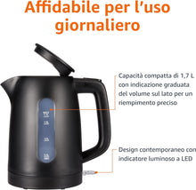 Carica l'immagine nel visualizzatore di Gallery, Amazon Basics Bollitore Elettrico 1,7L, 2200 W, Senza BPA con Base a 360°, Spegnimento Automatico e Filtro Anticalcare Estraibile, Nero Opaco