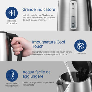 Midea Bollitore Elettrico 1,7L, Acciaio Inox, Kettle senza BPA, 2200 W, Bollitore Acqua con indicatore del livello dell'acqua, indicatore LED, Base di rotazione a 360°