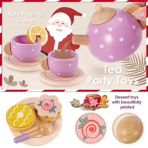 AOLEVA Set da Tè Giocattoli in Legno, Set Cucina Legno Bambini Accessori Cucina Giocattolo Servizio da Tè Gioco di Imitazione Regalo per Bambini Bambina 3 4 5 Anni