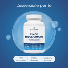 Carica l'immagine nel visualizzatore di Gallery, Bandini® Zinco Bisglicinato 400 Compresse (Scorta 13 Mesi), 100% Vegano