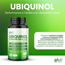 Carica l'immagine nel visualizzatore di Gallery, OVF Coenzima Q10 Attivo Ubiquinolo 120mg, 60 Capsule Vegetali, per Vitalità e Benessere, Coenzyme Q10 Integratore Alta B