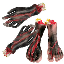 Carica l'immagine nel visualizzatore di Gallery, Set di 4 decorazioni per Halloween con mani e piedi separati (2 piedi e 2 mani), scherzo spaventoso, parti del corpo san