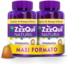 Carica l'immagine nel visualizzatore di Gallery, ZzzQuil Natura, MELATONINA per DORMIRE, INTEGRATORE con MELATONINA pura ed Estratti di Valeriana, Camomilla e Lavanda, MAXI FORMATO 2x72 Pastiglie Gommose, Gusto MANGO E BANANA