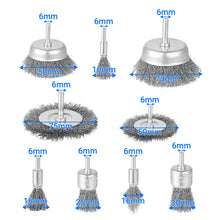 Carica l'immagine nel visualizzatore di Gallery, 9 Pezzi Spazzole per Trapano - Spazzola Acciaio con Codolo da 1/4 di Pollice(6 mm), Include Ruota, Tazza e Spazzola Tubo