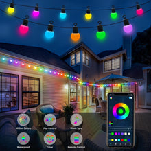 Carica l'immagine nel visualizzatore di Gallery, Ghirlanda di lampadine LED da 18 m, per esterni, IP65, impermeabile, colorata, 25 lampadine RGB G40, controllo tramite a