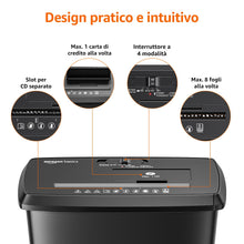 Carica l&#39;immagine nel visualizzatore di Gallery, Amazon Basics distruggi documenti da 8 fogli (nuovo modello) con Taglio a striscia, distrugge anche CD e carte di credito, Nero