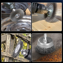 Carica l'immagine nel visualizzatore di Gallery, Set di 9 spazzole metalliche per trapano, fusto rotondo da 6 mm, spazzole in filo di acciaio per rimozione ruggine e col