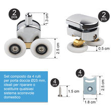 Carica l'immagine nel visualizzatore di Gallery, 4 Set Rulli per Porta Doccia Ø25 mm, Rotelle per Box Doccia in Vetro 4–6 mm, Cuscinetti Silenziosi e Resistenti, Kit per