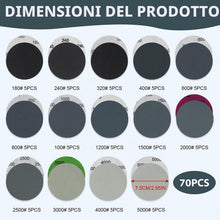 Carica l'immagine nel visualizzatore di Gallery, 70 Pezzi Dischi Abrasivi 75mm Dischi Abrasivi Auto-Agrippanti Grana 180/240/320/400/600/800/1000/1200/1500/2000/2500/300
