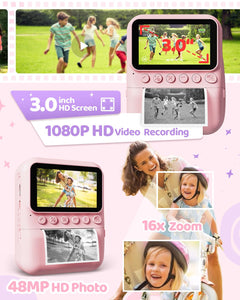 Macchina Fotografica Istantanea Per Bambini – 48MP, Schermo 3'', 32GB, Stampa Senza Inchiostro, Blu