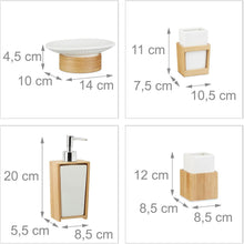 Carica l'immagine nel visualizzatore di Gallery, Relaxdays Set Accessori Bagno 4 Utensili, Dispenser, Porta-Sapone, Porta-Spazzolino, bambù, Ceramica, Marrone e Bianco