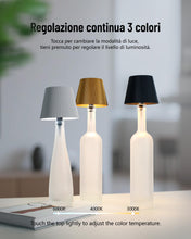 Carica l'immagine nel visualizzatore di Gallery, Beaeet lampada bottiglia LED Nero, ricaricabile USB-C, senza fili, IP54, 3 tonalità dimmerabili, per bottiglie in vetro 