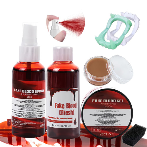 Sangue Finto Lavabile Halloween 60ml Spray 60ml Liquido 50g Coagulato, Cera Cicatriziale , 2x Denti di Vampiro, Set Trucco Effetti Speciali Trucchi Hallowen