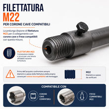 Carica l'immagine nel visualizzatore di Gallery, Topolenashop Asta Prolunga 35 cm per Fresa a Tazza SDS Plus – Barra con Punta di Centraggio e Filettatura M22 per Corone