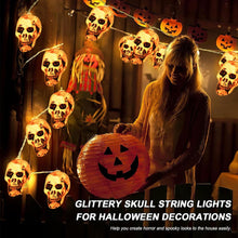 Carica l'immagine nel visualizzatore di Gallery, Catena luminosa a forma di teschio per Halloween, 3 m, 20 LED, catena di luci a forma di teschio, catena luminosa a LED 