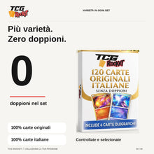 Carica l'immagine nel visualizzatore di Gallery, Set MEGA - 120 Carte Pokemon Originali Italiane senza Doppioni, include 6 Carte Luccicanti olo/reverse protette da busti